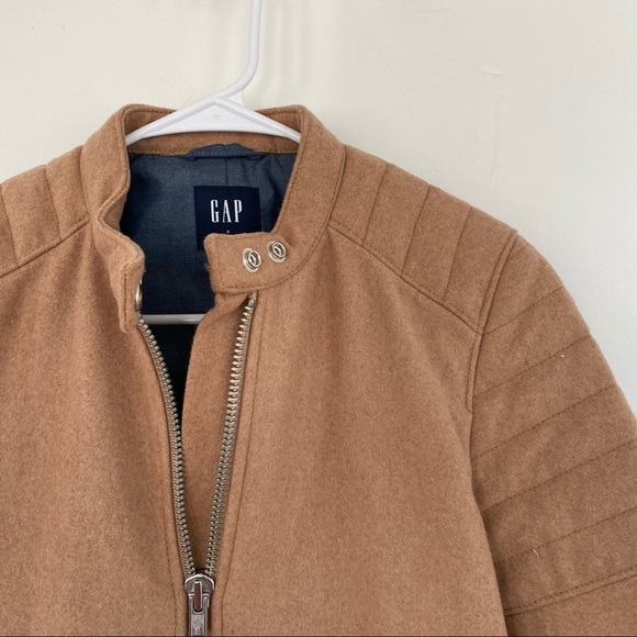 GAP Tan/Camel Wool Blend Moto Jacket | Cropped Fit | Chambray Lining | Like New - Picture 2 of 8